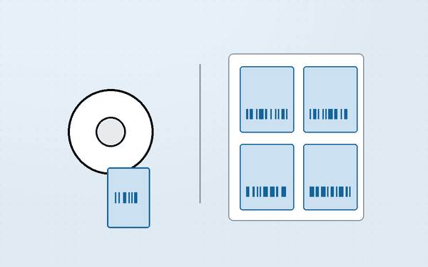Diagram comparing a thermal label roll with an A4 sheet holding four cropped labels