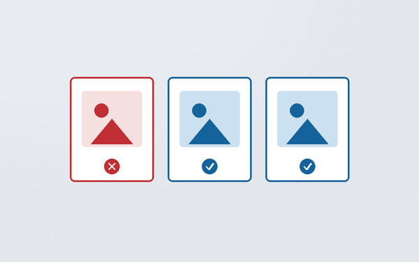 Diagram of three product photo frames, one marked rejected for being too small and two marked approved