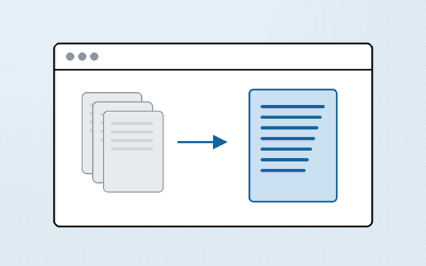 Diagram showing several PDF documents combining into one file inside a browser window rather than on a server