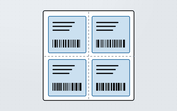 Diagram of an A4 sheet divided into four equal shipping label panels with cut lines between them